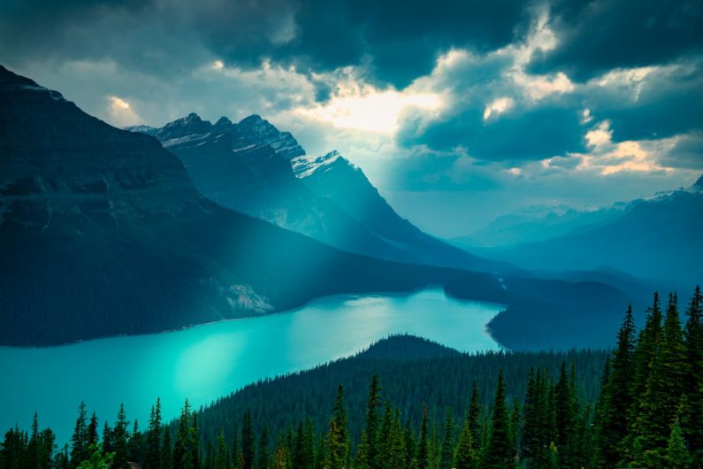 Canadian Rockies - lake by the mountains near pine trees