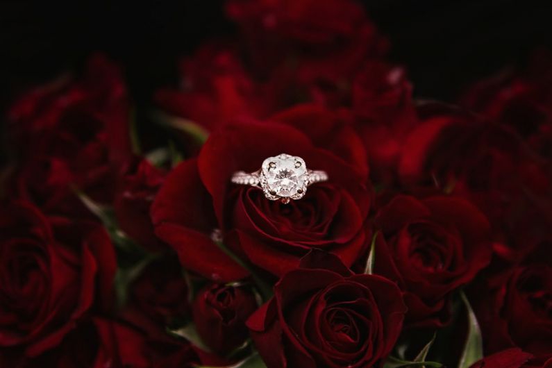 Proposal At Bed And Breakfast - silver-colored ring on top of red roses