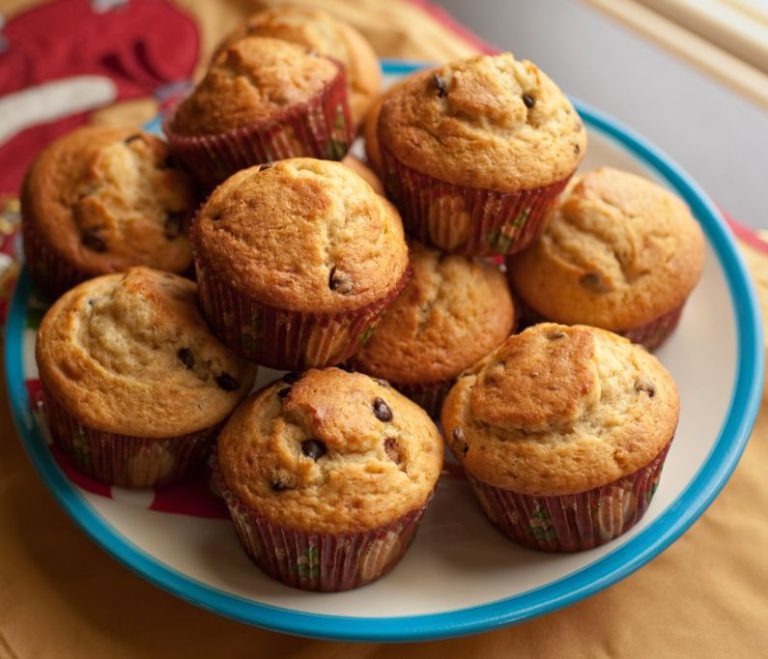 Muffins - brown cupcakes on blue and white ceramic plate