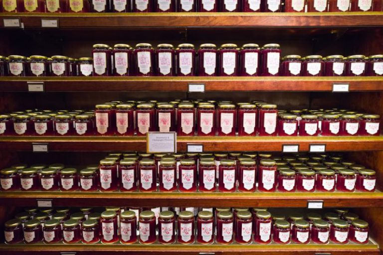 Jam Jars - a shelf filled with lots of jars of jam