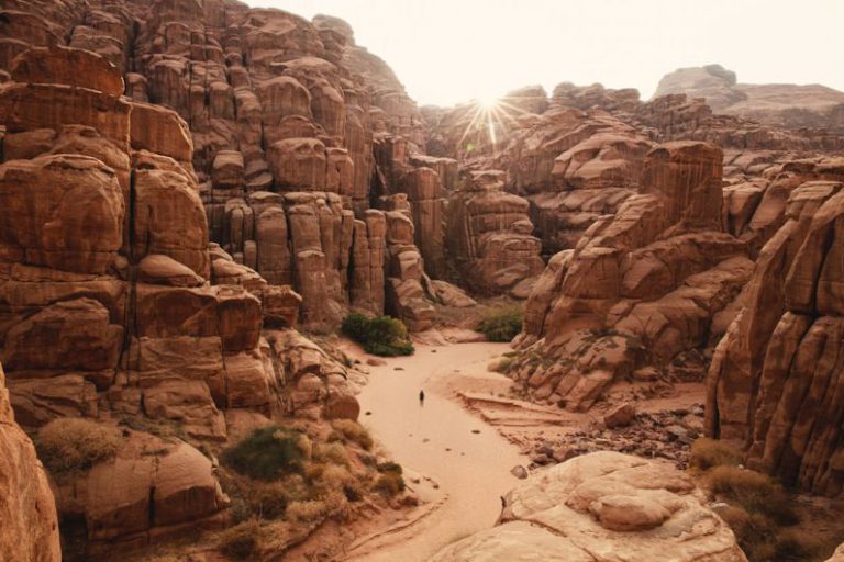 Guest Experience - a person walking through a canyon in the desert