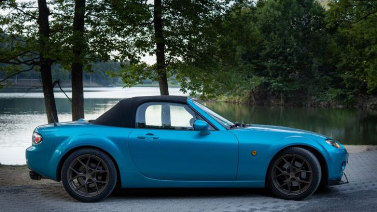 Handling Complaints - a blue sports car parked next to a lake